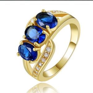 14k gold filled 3 stone blue sapphire and simulated diamond ring sz 8 new